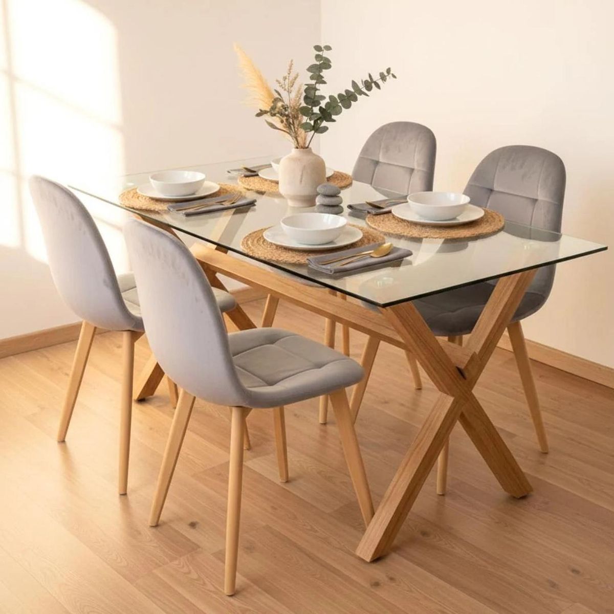 PANDALINO - Comedor Mesa Xinia 130x80 + 4 Sillas Vorak Velvet Gris