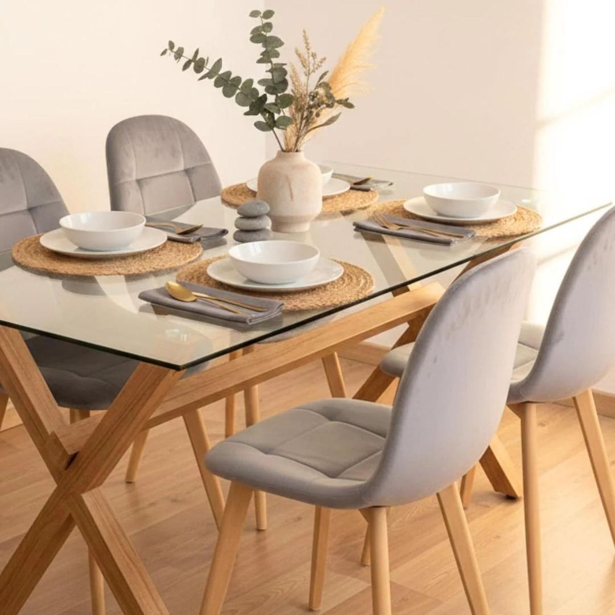 PANDALINO - Comedor Mesa Xinia 130x80 + 4 Sillas Vorak Velvet Gris