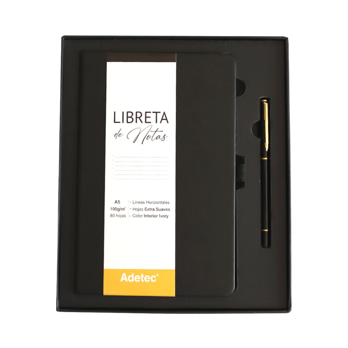 ADETEC - Caja Regalo Libreta Cocida A5 Negra CLapiz - ADETEC