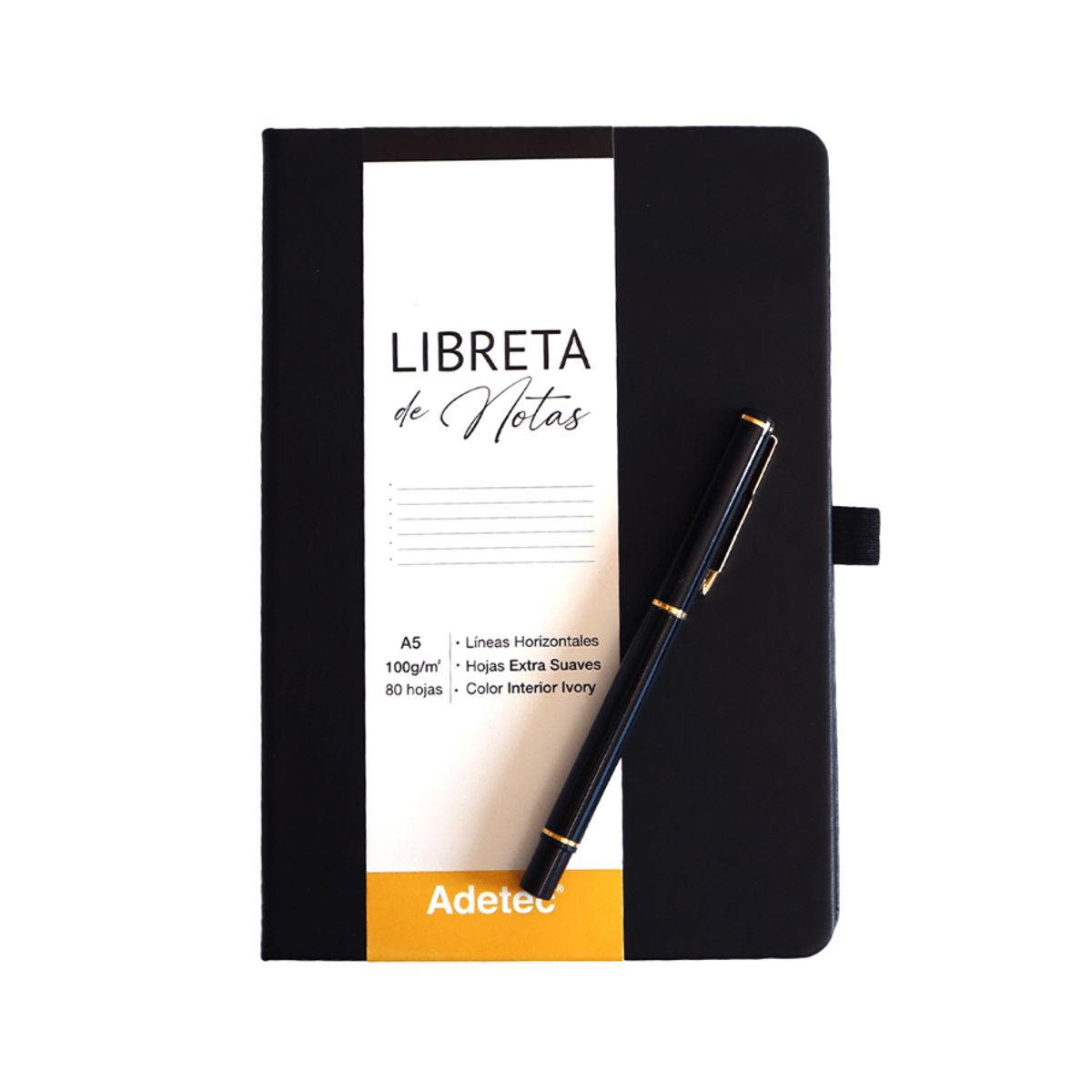 ADETEC - Caja Regalo Libreta Cocida A5 Negra CLapiz - ADETEC