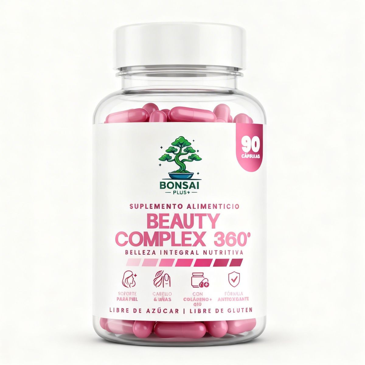 GENERICO - Beauty Complex 360 90 Cápsulas Bonsai Plus+ - Colágeno, Ácido Hialurónico, CoQ10, Biotina, Zinc y Vitamina C