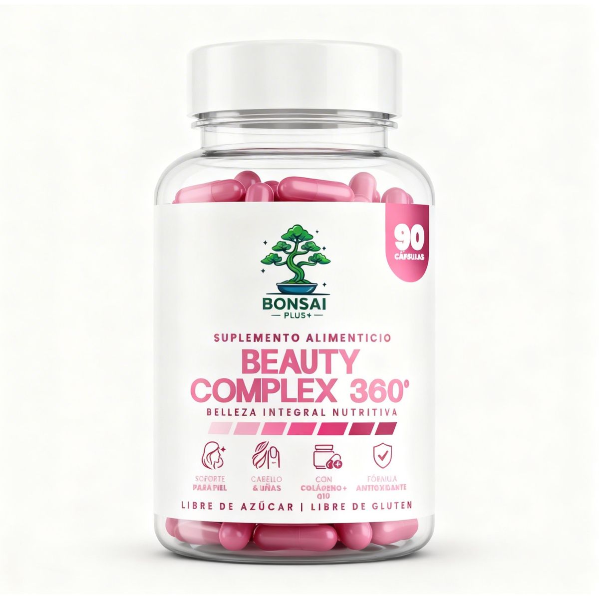 GENERICO - Beauty Complex 360 90 Cápsulas Bonsai Plus+ - Colágeno, Ácido Hialurónico, CoQ10, Biotina, Zinc y Vitamina C