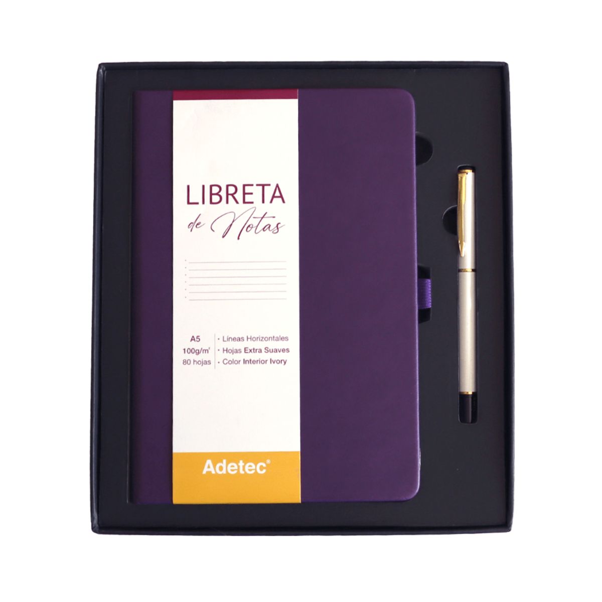ADETEC - Caja Regalo Libreta Cosida A5 Burdeo CLapiz - ADETEC