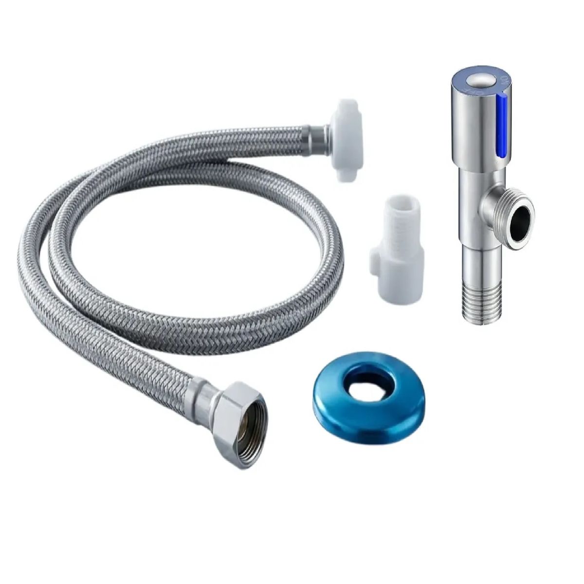 HOFFENS - Llave Angular Latón + Flexible Acero Inoxidable 30cm WC Un Medio por Quince Dieciseisavos