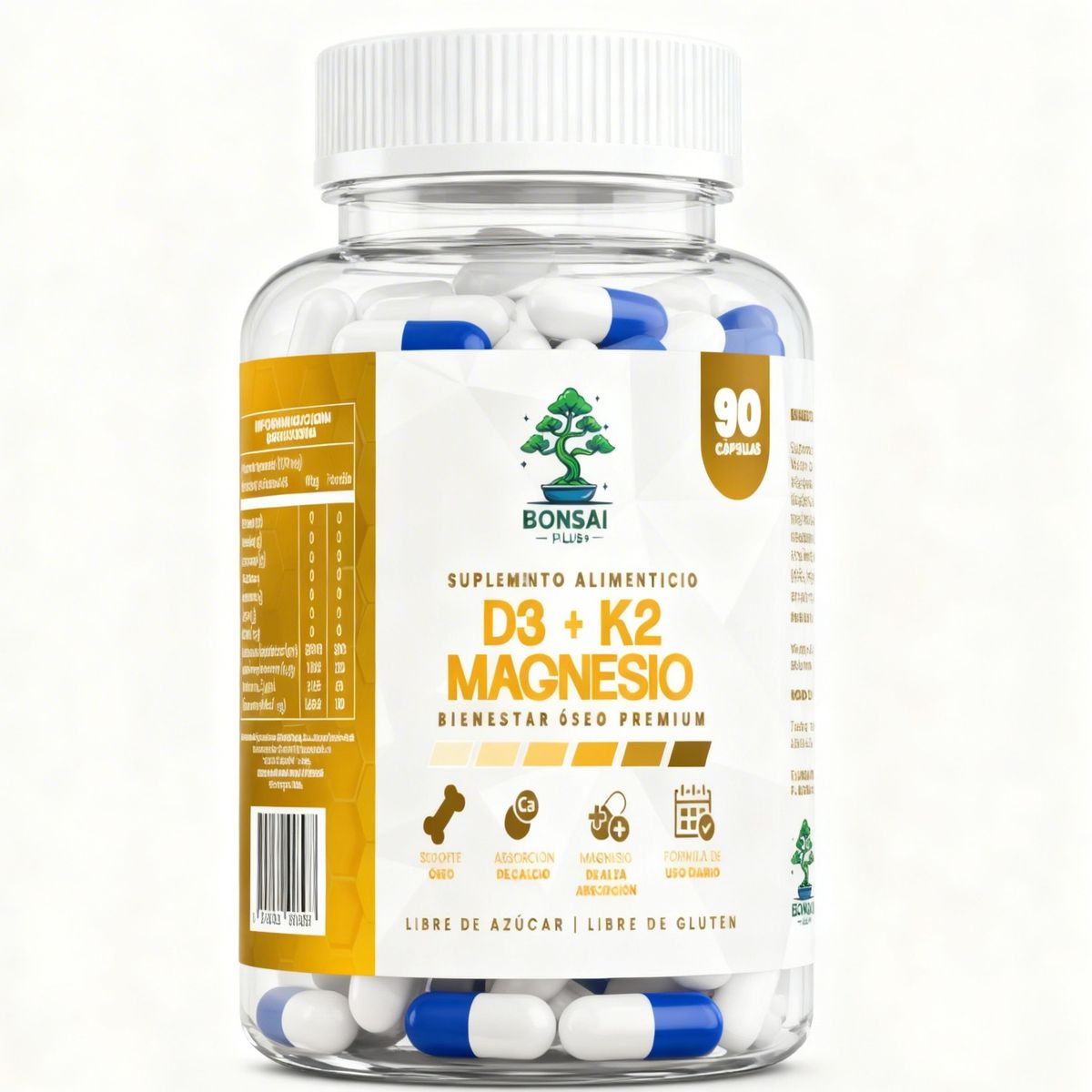 GENERICO - Vitamina D3 + K2 + Magnesio 90 Cápsulas Bonsai Plus+ Soporte Óseo, Muscular e Inmunológico