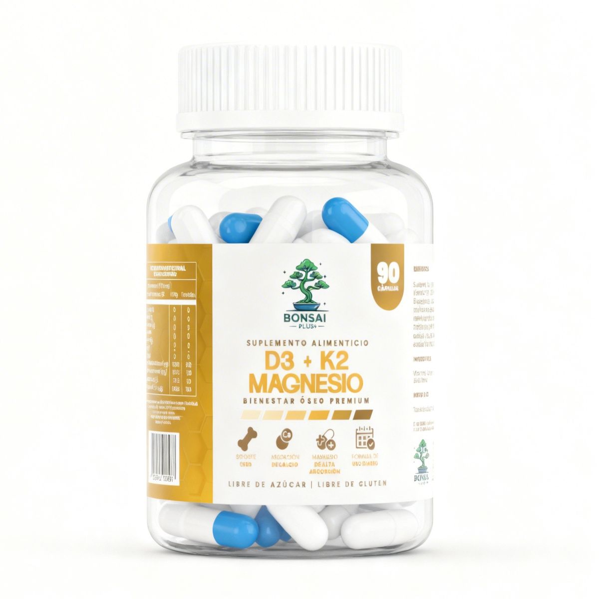 GENERICO - Vitamina D3 + K2 + Magnesio 90 Cápsulas Bonsai Plus+ Soporte Óseo, Muscular e Inmunológico