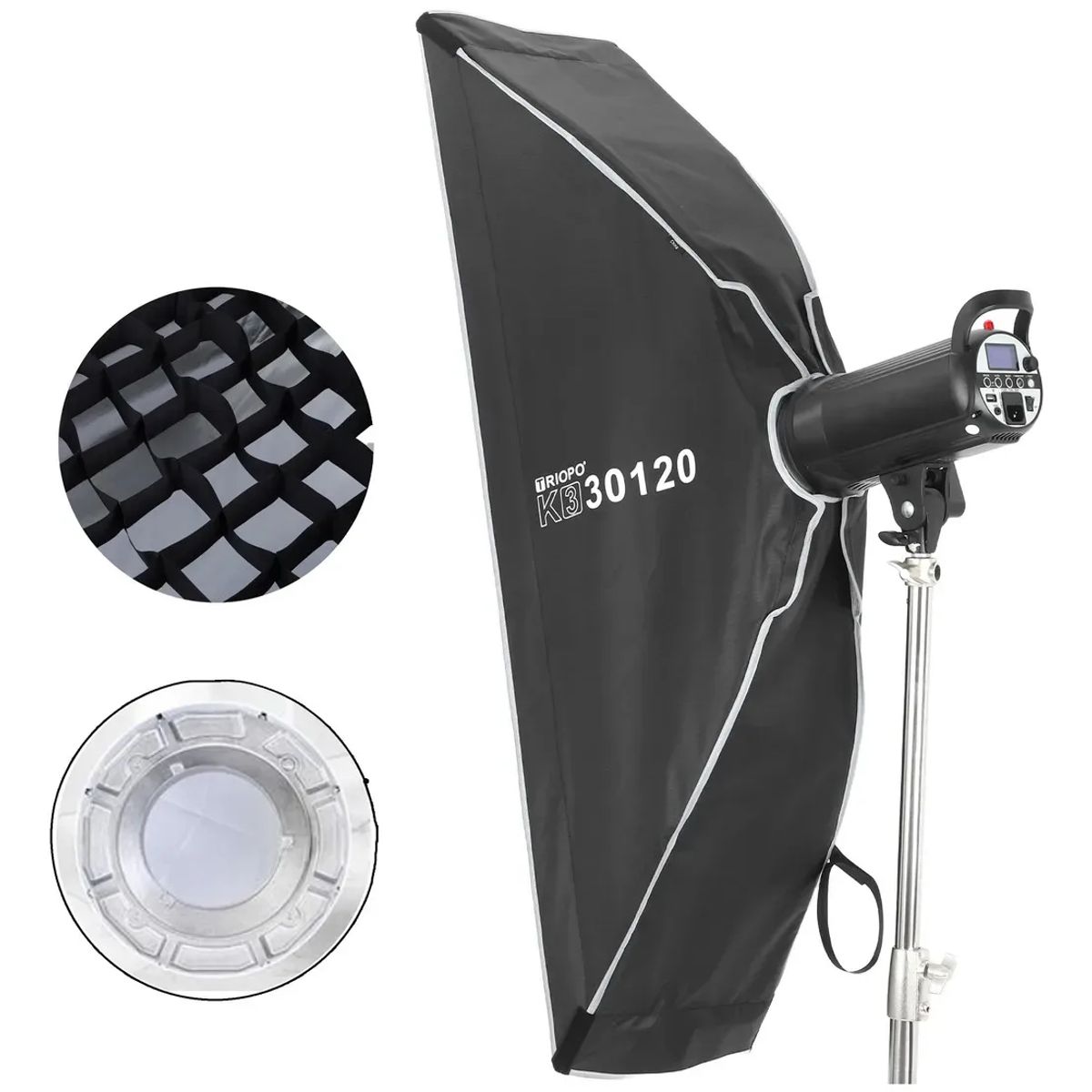 GENERICO - Triopo K3-30120 +TR-07C Softbox Armado Instantáneo Montura Bowens y Speedlight de 30x120 cms