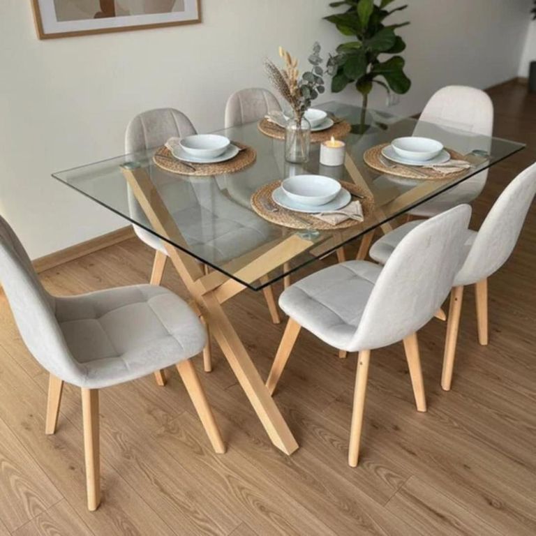 Comedor Mesa Xinia 140x90 + 6 Sillas Vorak Velvet Beige Beige