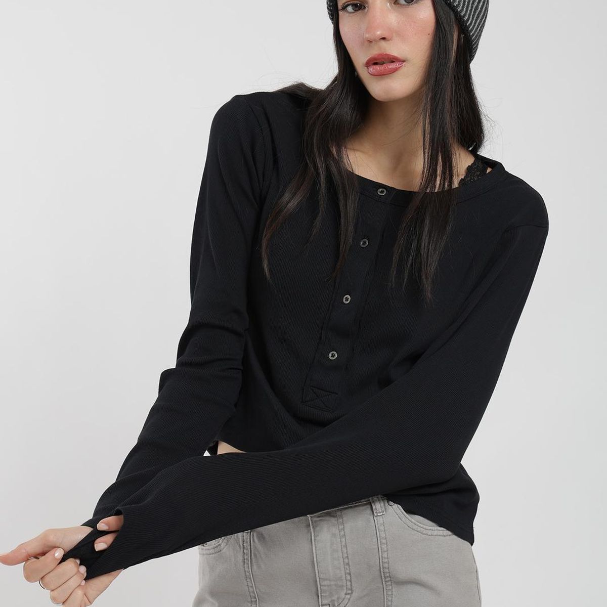KAYA UNITE - Polera Manga Larga Half Snap Rib Mujer