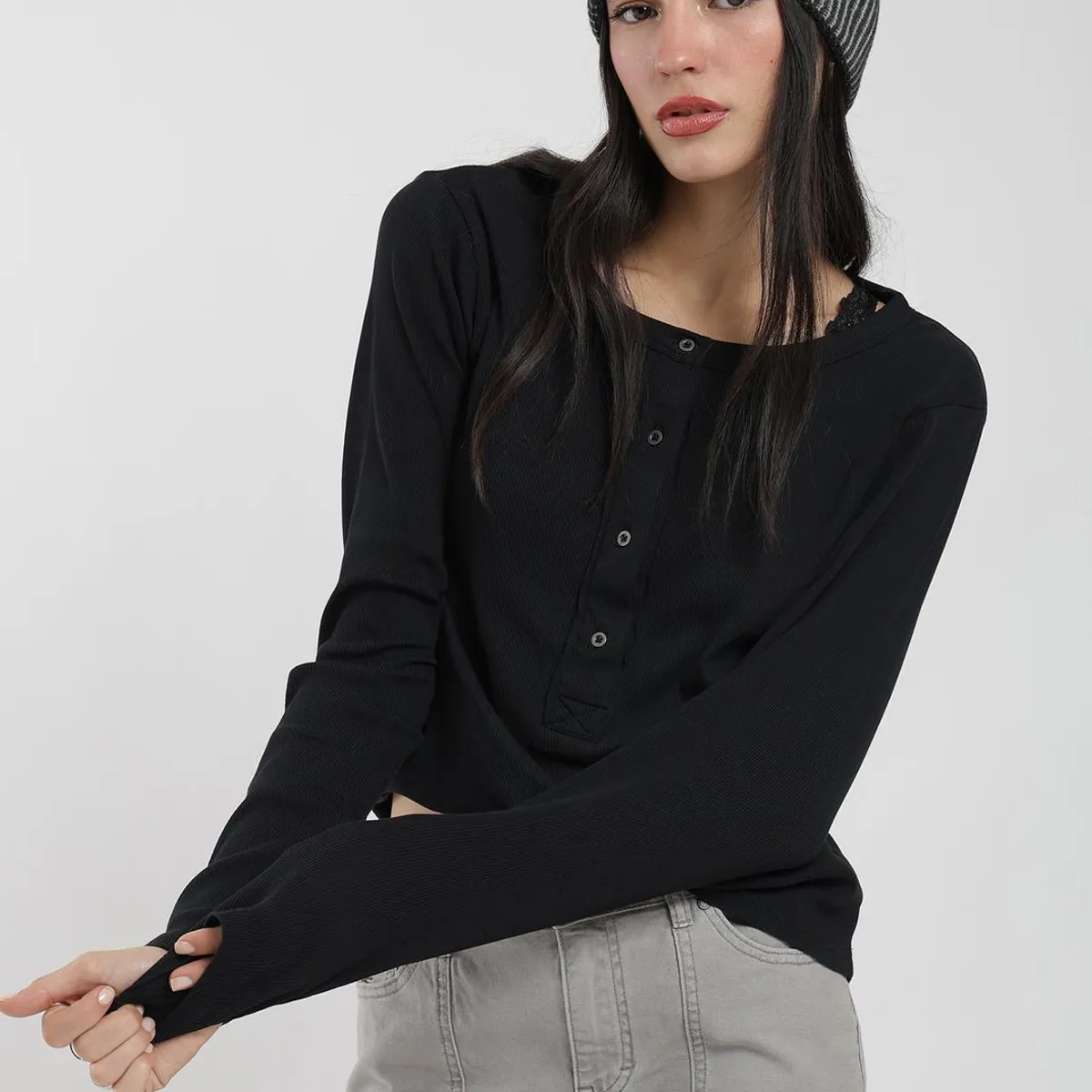 KAYA UNITE - Polera Manga Larga Half Snap Rib Mujer
