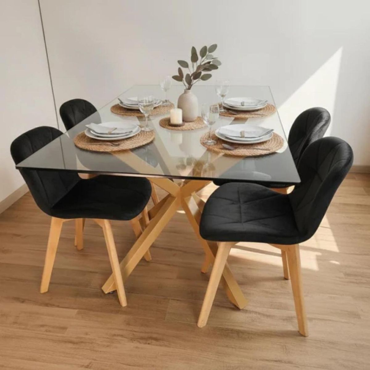 PANDALINO - Comedor Mesa Greta 140x90 cm + 4 Sillón Rubik Velvet Negro