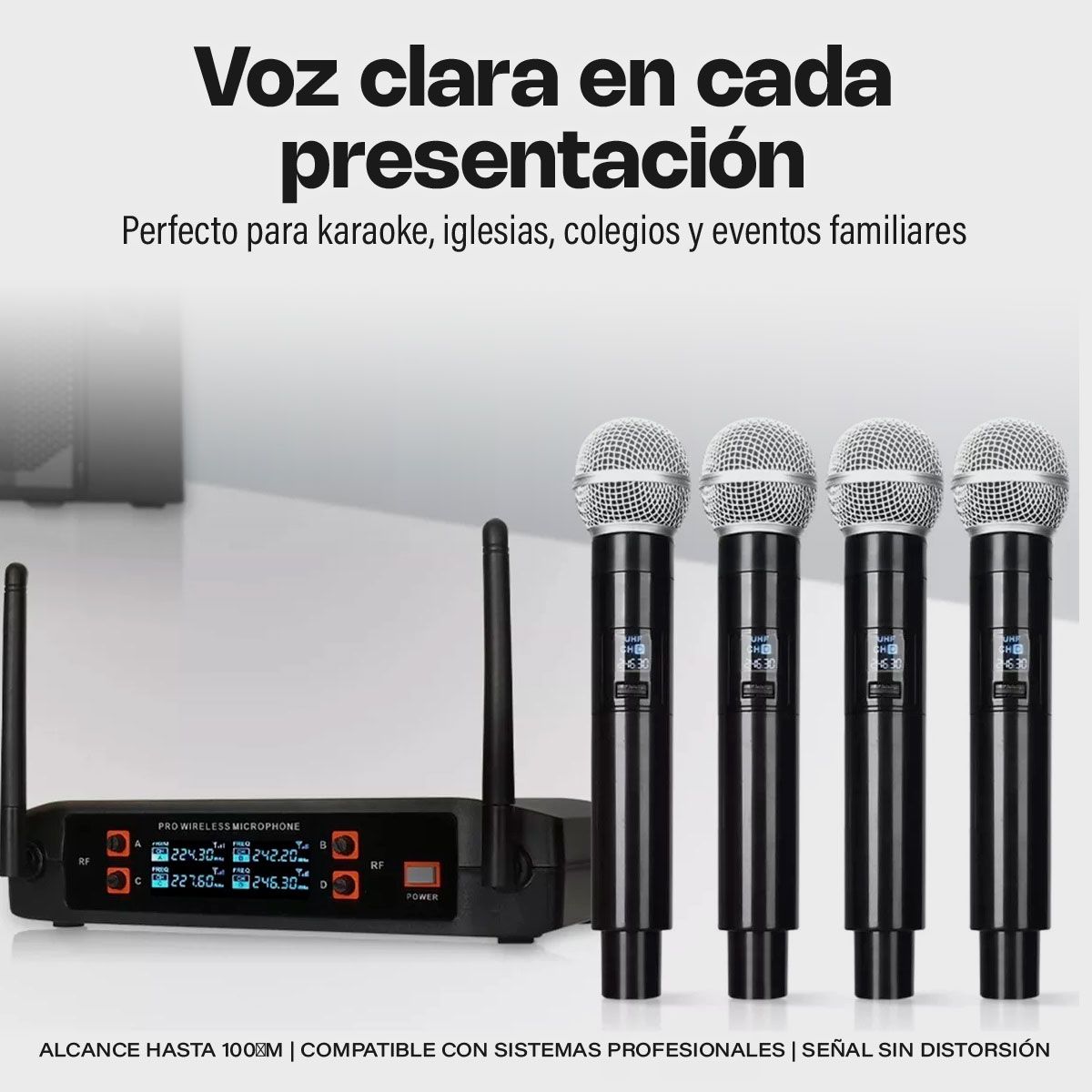 ASIAQUALITY - Micrófonos Inalámbricos Profesionales Karaoke Kit 4 canalesUHF Receptor Alta Calidad Para Eventos Y Karaoke