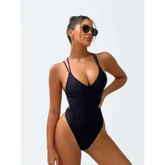 HAMI BOUTIQUE - Traje de Baño Entero Negro - Corte Alto - Escote en la Espalda