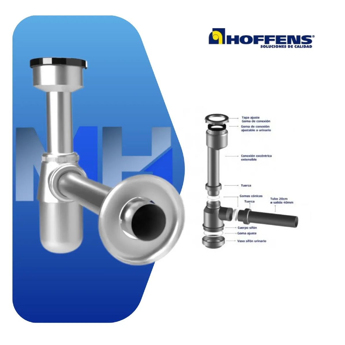 Sifon Urinario Cromado 40mm Con Tubo 20cm Salida Al Muro, marca HOFFENS - Foto 2