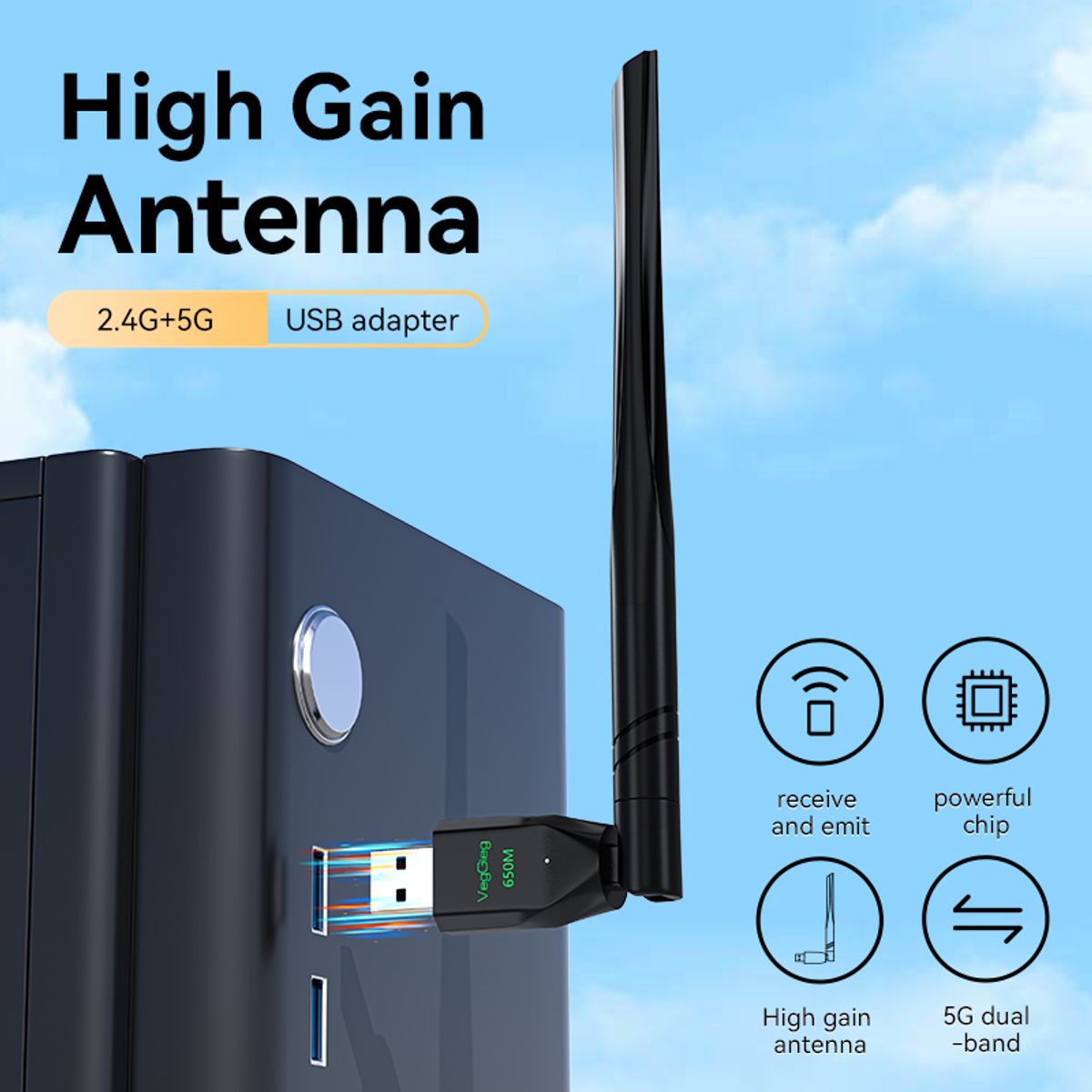 GENERICO - Adaptador USB WiFi 150Mbps Veggieg V-K150 Antena 5dB Plug & Play PC Notebook