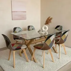 PANDALINO - Comedor Mesa Xinia 140x90 + 6 Sillas Patchwork Da Vinci - Ecocuero Claro