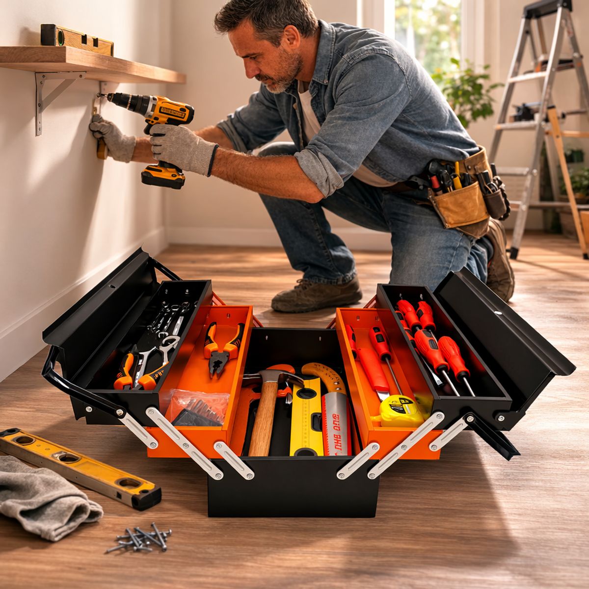 SPACE HOME - Kit de Herramientas 34 Piezas con Caja Organizadora Metálica