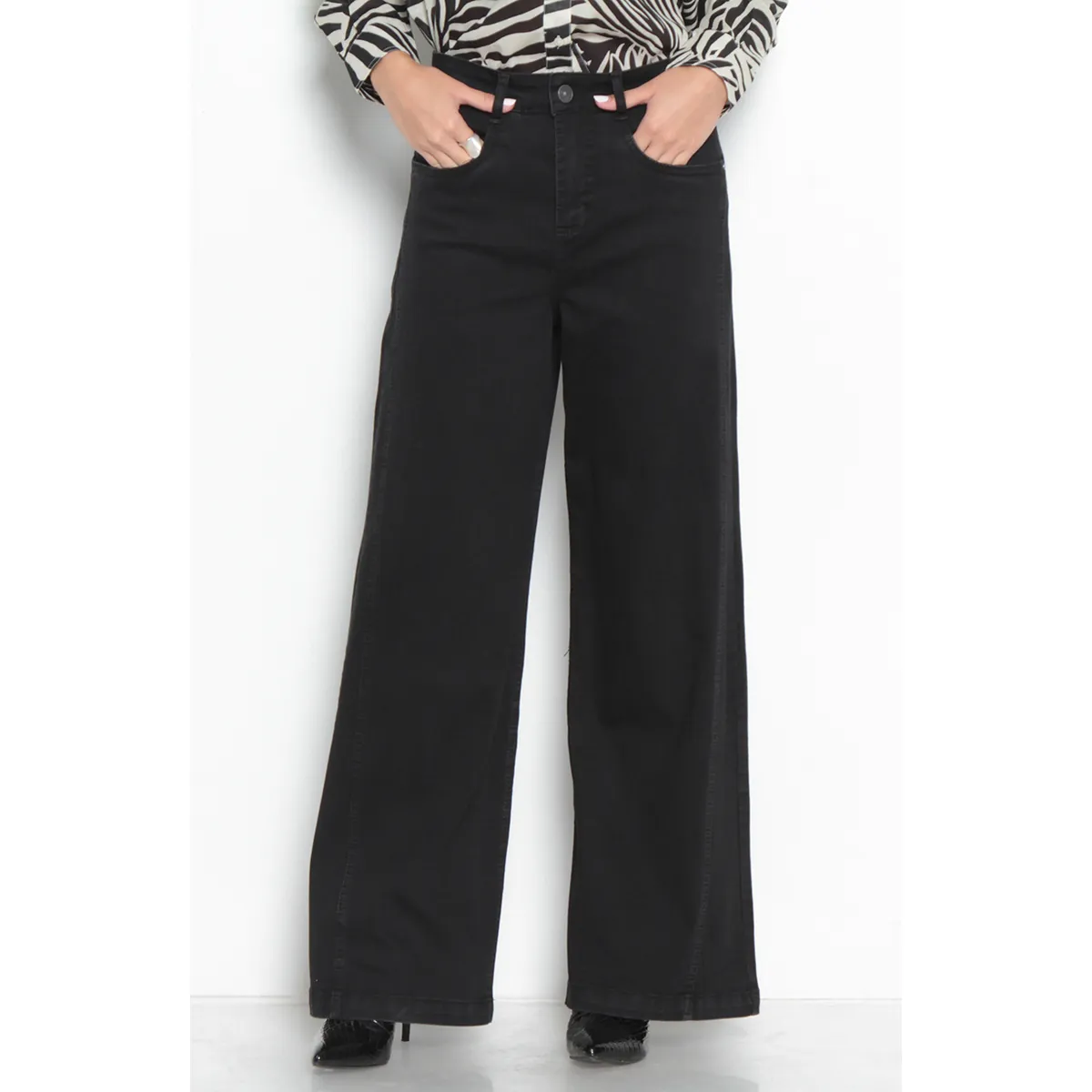 WADOS - JEANS MUJER PIERNA WIDE TIRO ALTO PRETINA BASICA UN BOTON