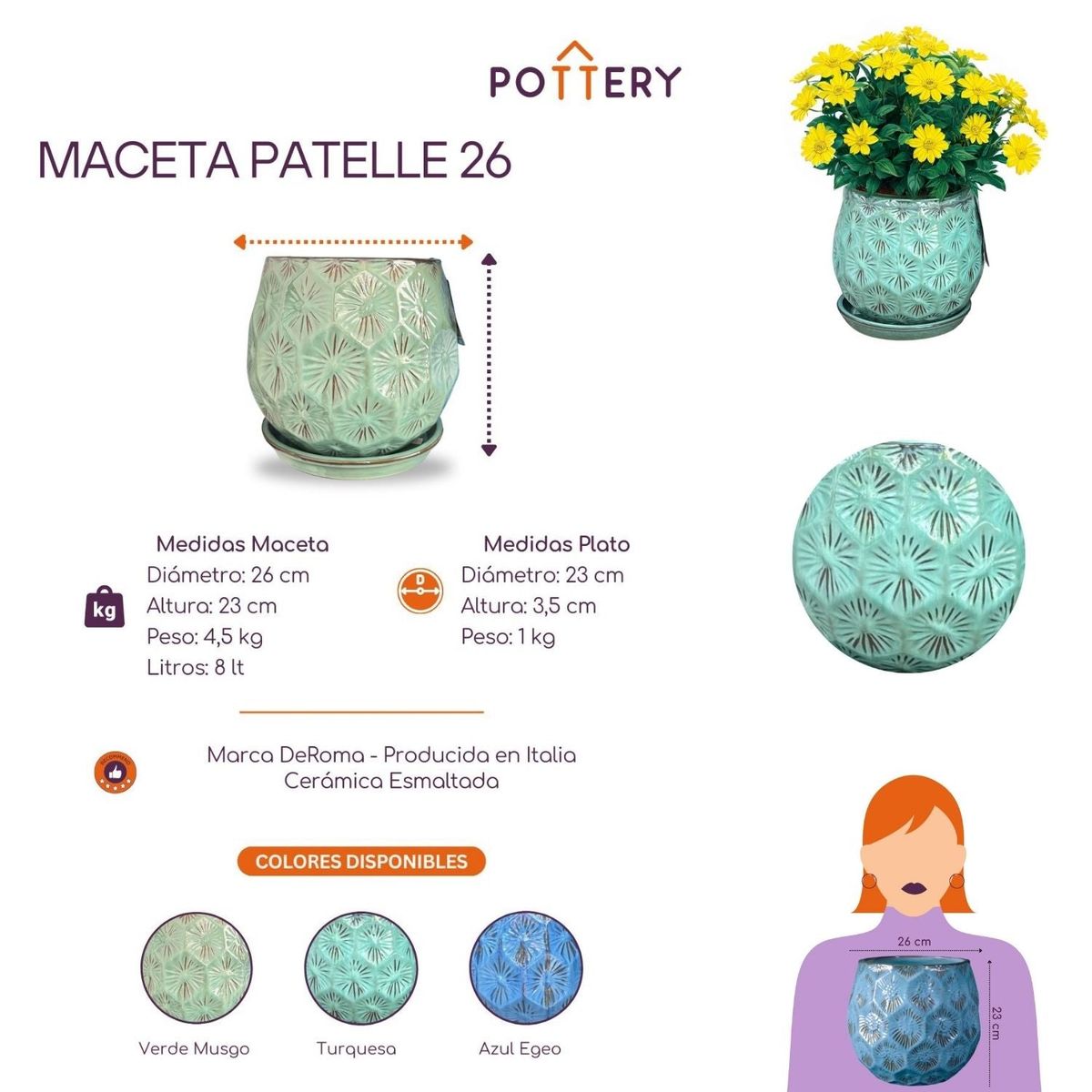 DEROMA - Maceta Patelle 26 Turquesa con plato