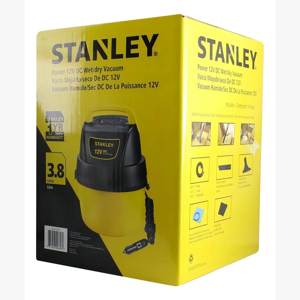 STANLEY - Aspiradora Portátil Stanley 12v Seco Y Mojado 3.8 Litros Color Amarillo/Negro