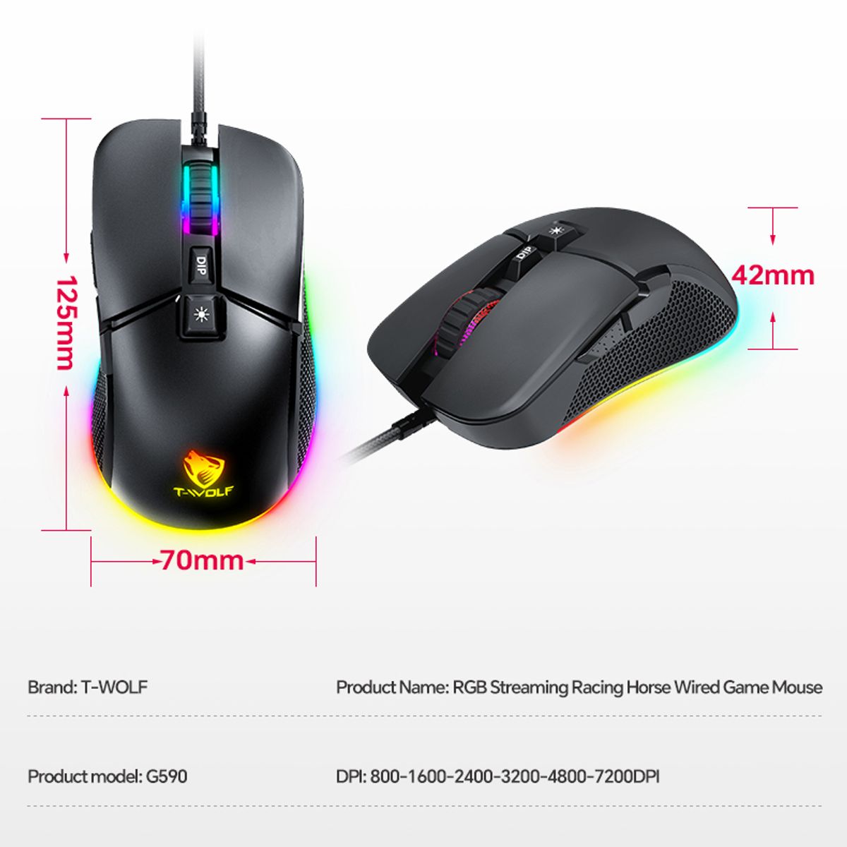 GENERICO - Mouse Gamer T-wolf G590 Rgb, 7200 Dpi 7 Botones Programables Negro
