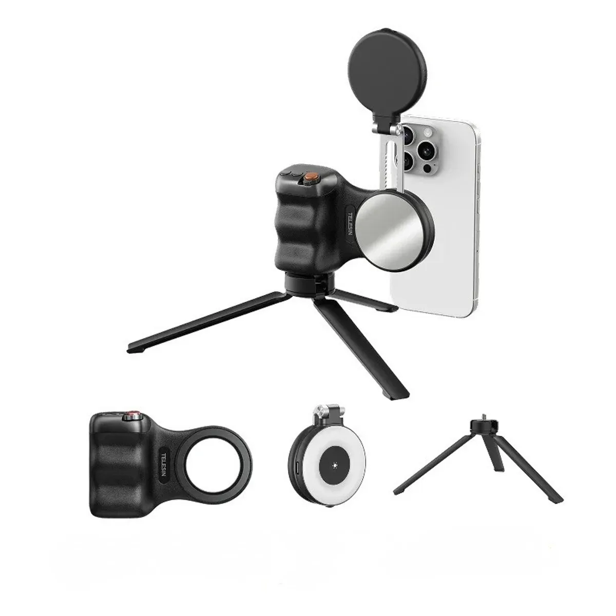 TELESIN - Kit Selfie Pro Grip + Luz + Espejo + Trípode Universal Black