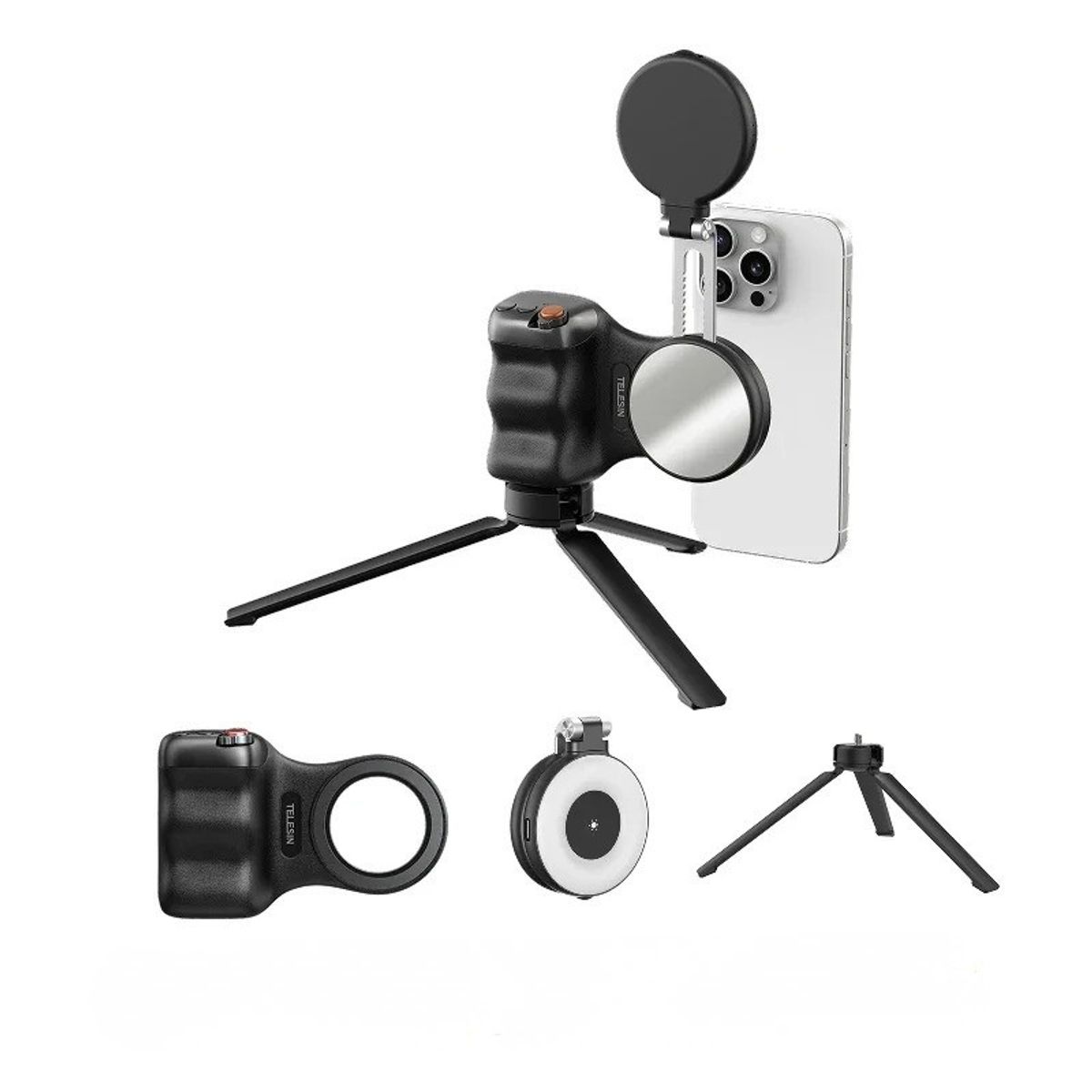 TELESIN - Kit Selfie Pro Grip + Luz + Espejo + Trípode Universal Black