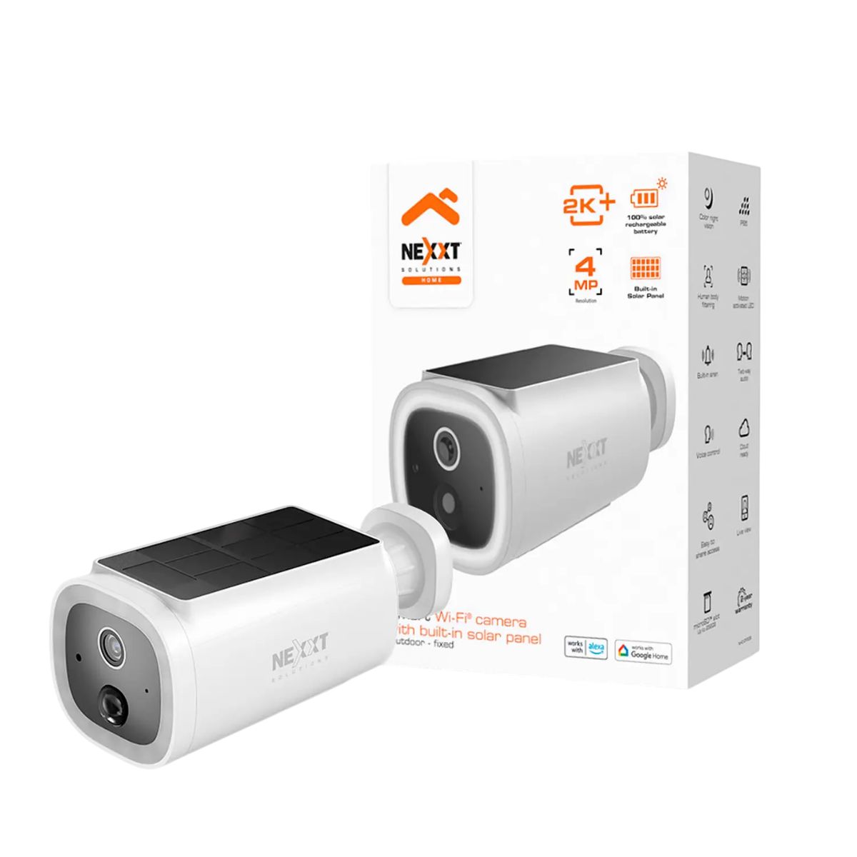 NEXXT SOLUTIONS - Nexxt Home NHC-OF30S Cámara Wi-Fi exterior, 4MP 2K HD, Panel Solar Recargable, Visión Nocturna Color, Sudio Bidireccional, Sirena, MicroSD y Nube