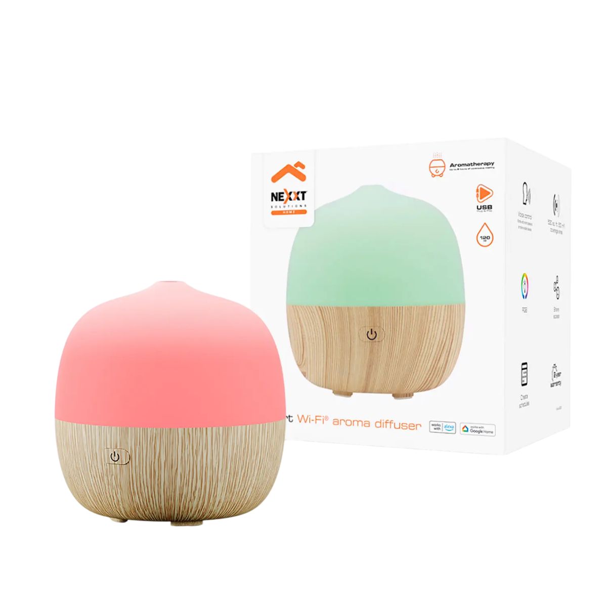 NEXXT SOLUTIONS - Nexxt Solutions Home NHA-A300 Difusor de Aroma Inteligente Wi-Fi, USB, Aromaterapia, Luz RGB Multicolor, 120 ml, Control por App y Voz, Hasta 50 m², Blanco