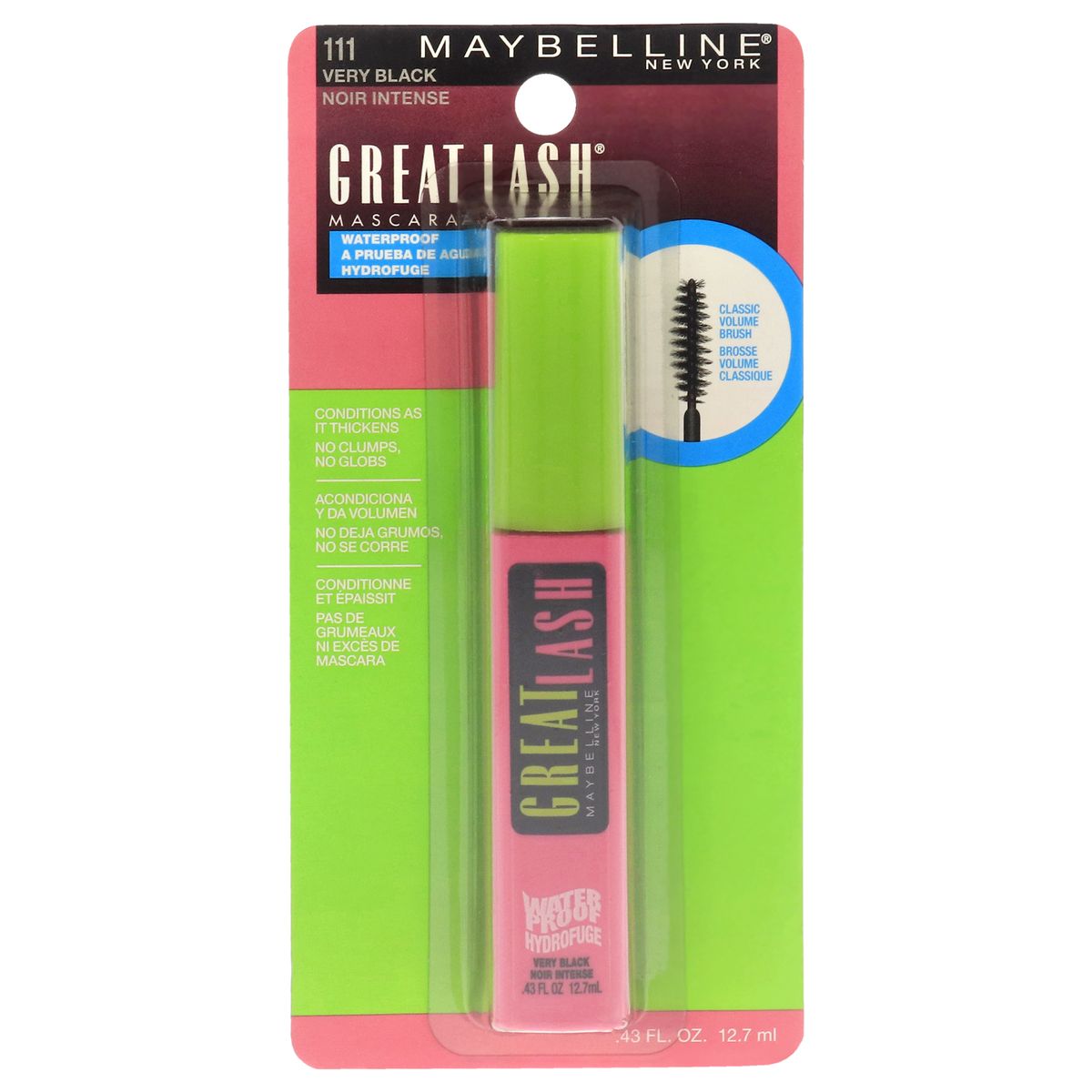 MAYBELLINE - Máscara de pestañas resistente al agua Great Lash - 111 Very Black 13ml Maybelline