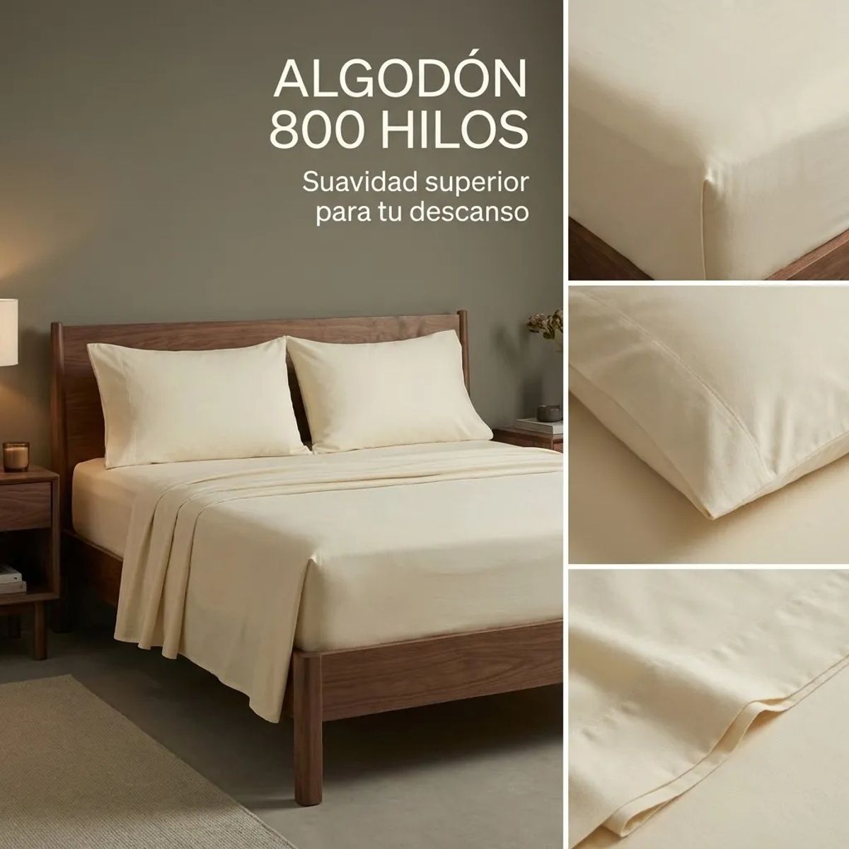 ARMONIA - Juego De Sabanas Algodon 800 Hilos Crema 2,5 Plazas