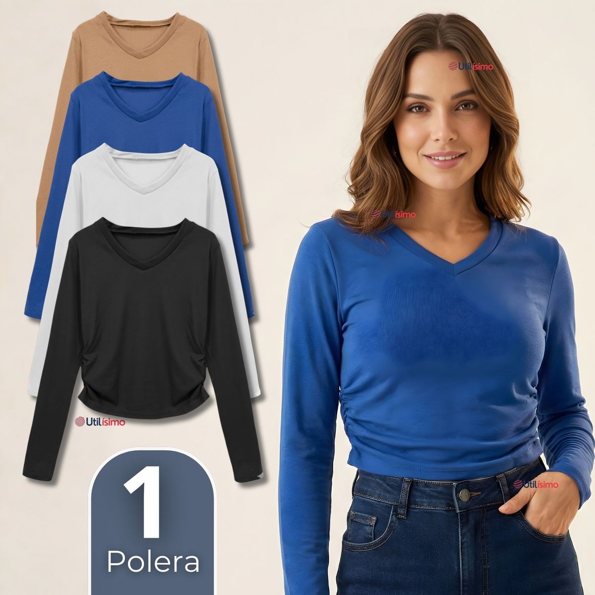 UTILISIMO - Camiseta Polar Polera Cuello V Mujer Manga Larga Tela Acanalada Colores Surtidos