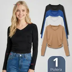 UTILISIMO - Camiseta Polar Polera Cuello V Mujer Manga Larga Tela Acanalada Colores Surtidos
