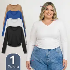 UTILISIMO - Camiseta Polar Polera Cuello V Mujer Manga Larga Tela Acanalada Colores Surtidos