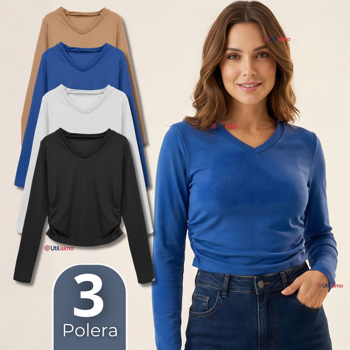 UTILISIMO - Pack 3 Camisetas Polar Polera Cuello V Mujer Manga Larga Tela Acanalada Colores Surtidos