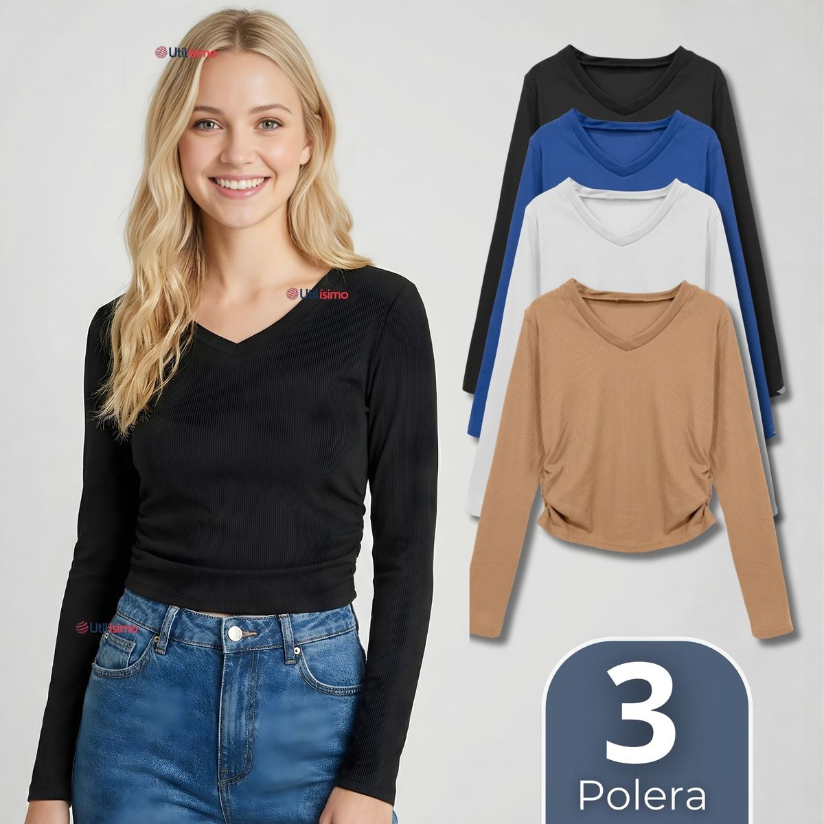 UTILISIMO - Pack 3 Camisetas Polar Polera Cuello V Mujer Manga Larga Tela Acanalada Colores Surtidos