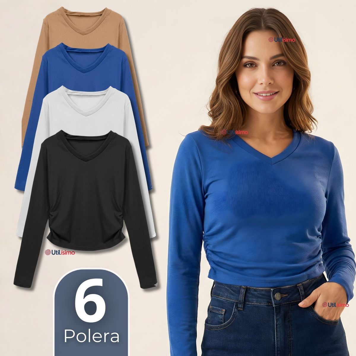UTILISIMO - Pack 6 Camisetas Polar Polera Cuello V Mujer Manga Larga Tela Acanalada Colores Surtidos