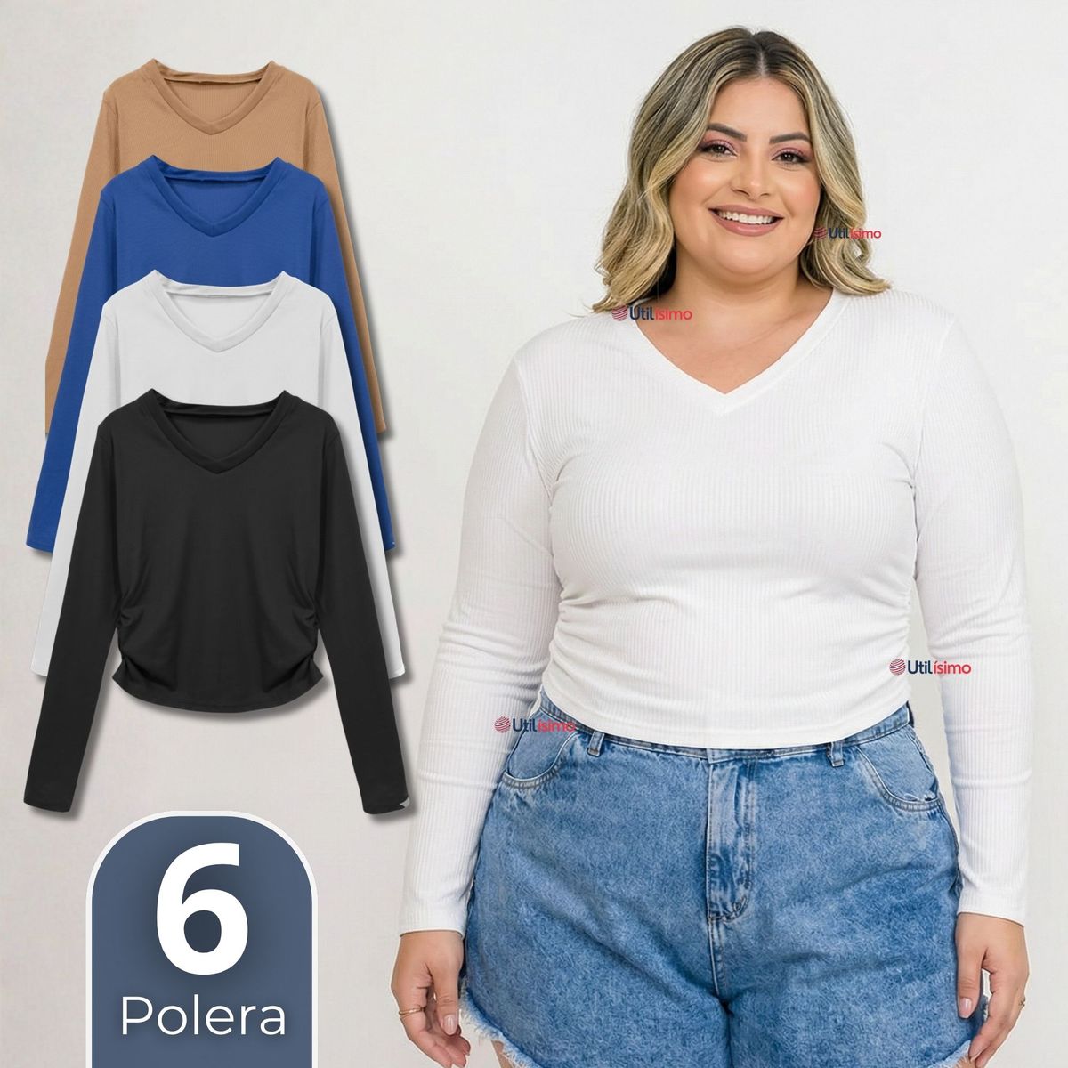 UTILISIMO - Pack 6 Camisetas Polar Polera Cuello V Mujer Manga Larga Tela Acanalada Colores Surtidos