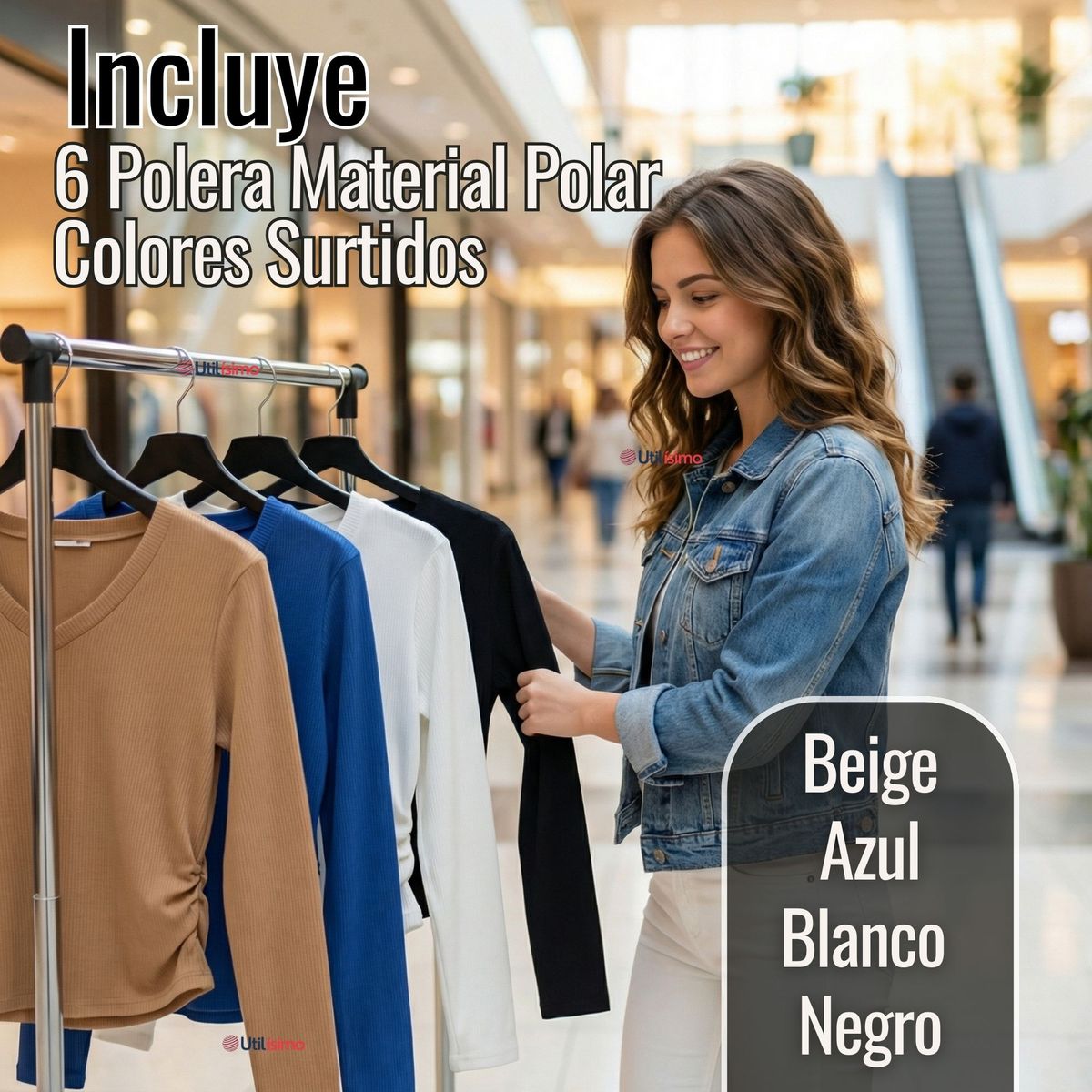 UTILISIMO - Pack 6 Camisetas Polar Polera Cuello V Mujer Manga Larga Tela Acanalada Colores Surtidos