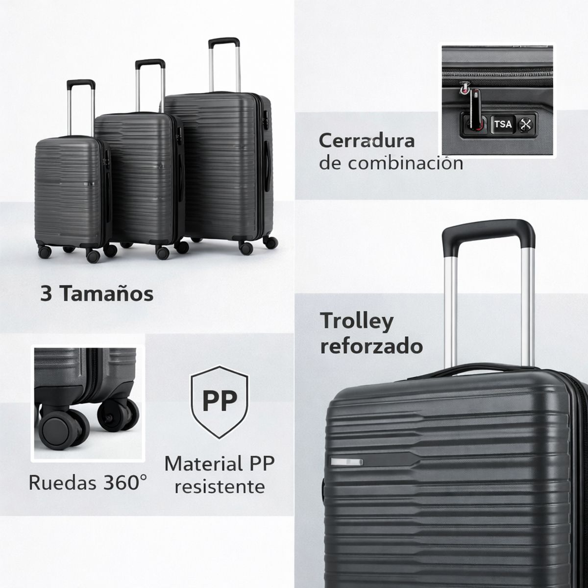 SPACE HOME - Set Maletas Rígidas Duraline Gris 3 Piezas Ruedas 360 Cerradura