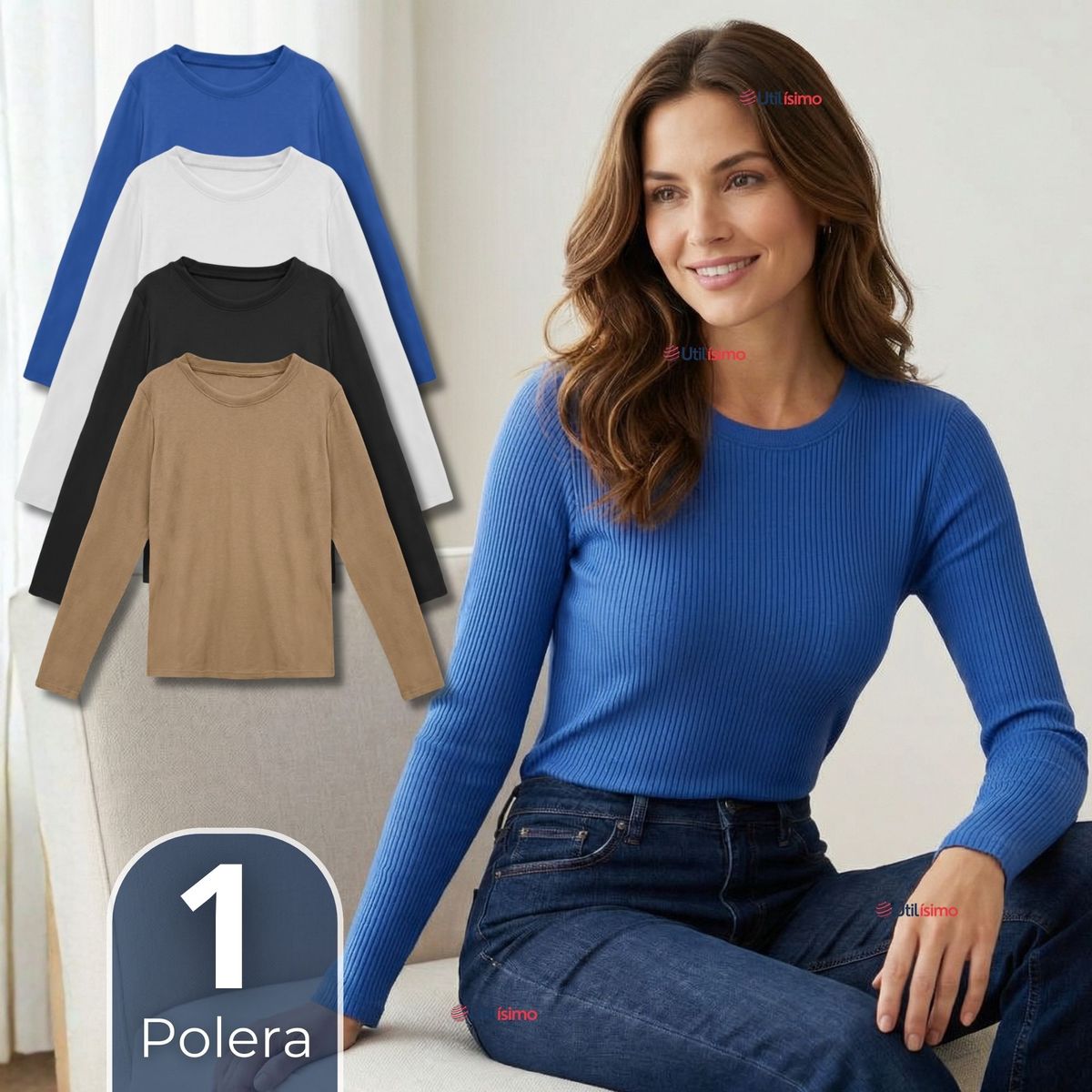UTILISIMO - Camiseta Polar Polera Cuello Redondo Mujer Manga Larga Tela Acanalada Colores Surtidos