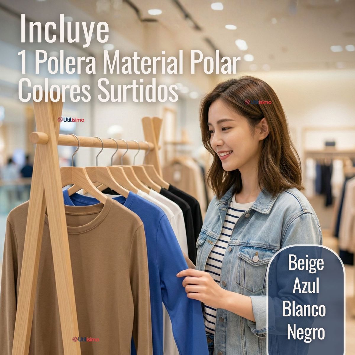 UTILISIMO - Camiseta Polar Polera Cuello Redondo Mujer Manga Larga Tela Acanalada Colores Surtidos