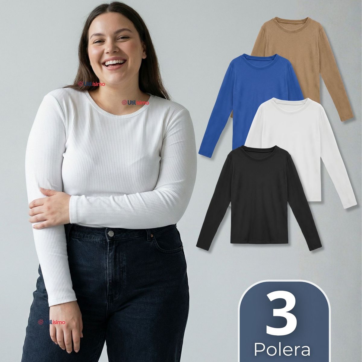 UTILISIMO - Pack 3 Camisetas Polar Polera Cuello Redondo Mujer Manga Larga Tela Acanalada Colores Surtidos