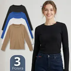 UTILISIMO - Pack 3 Camisetas Polar Polera Cuello Redondo Mujer Manga Larga Tela Acanalada Colores Surtidos