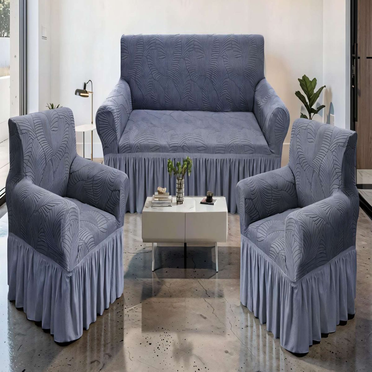 GENERICO - SET DE FUNDAS DE SOFA 3+1+1 CON DISEÑO EN FORMA DE HOJA CON VELO 3-1-1 COLOR GRIS