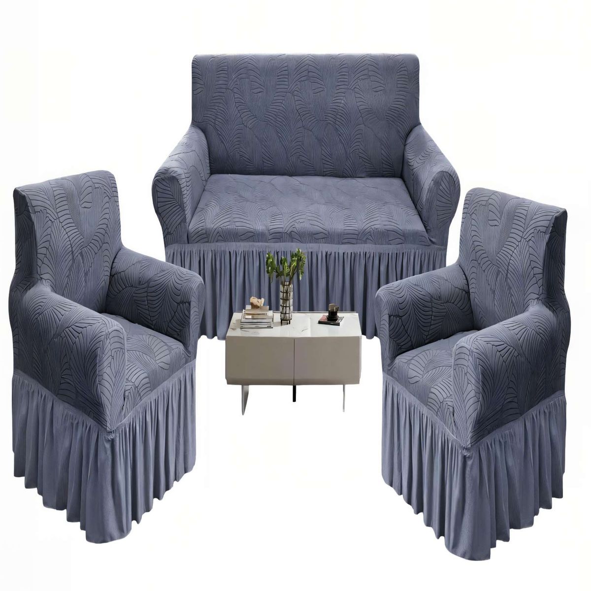 GENERICO - SET DE FUNDAS DE SOFA 3+1+1 CON DISEÑO EN FORMA DE HOJA CON VELO 3-1-1 COLOR GRIS