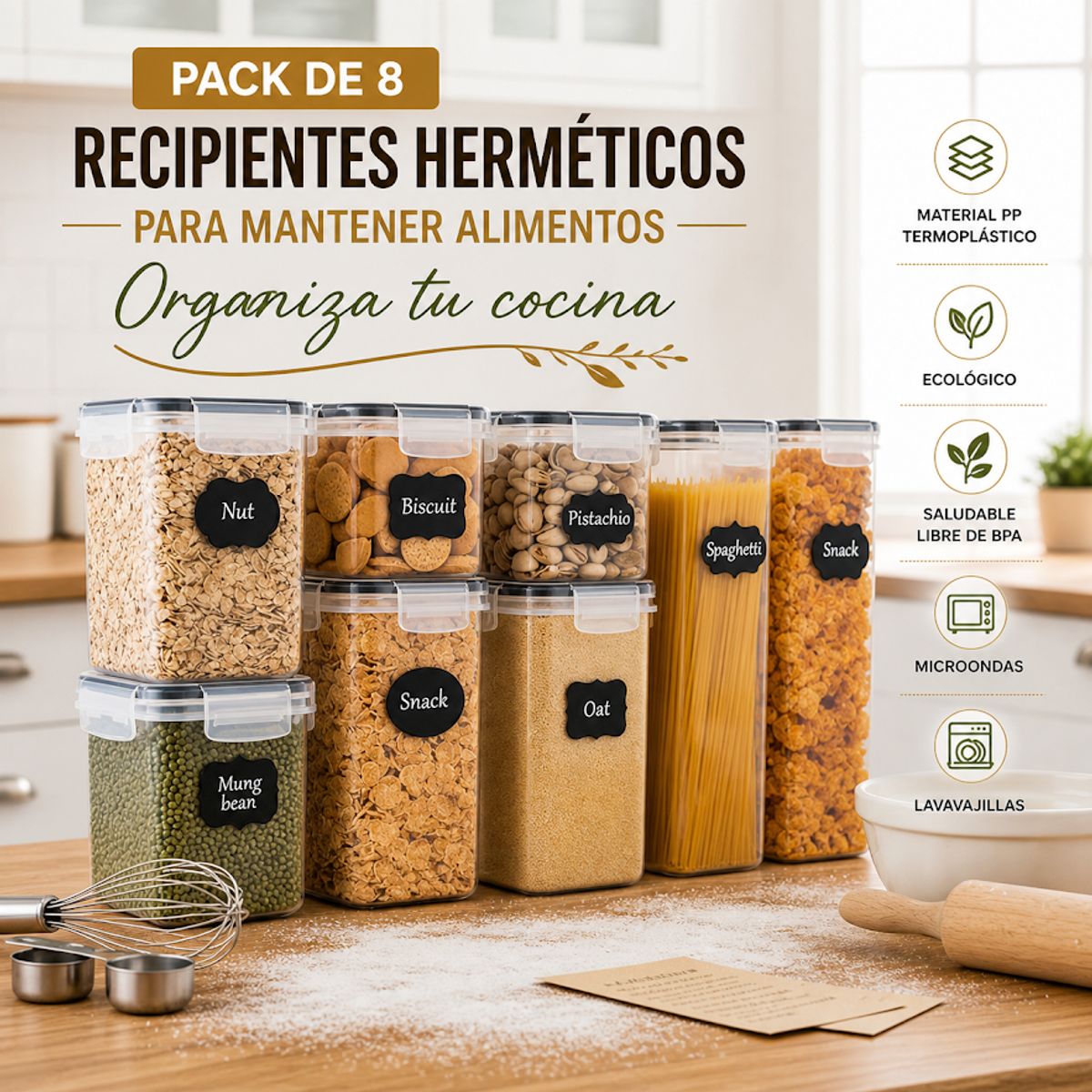 GENERICO - PACK DE 8 RECIPIENTES HERMETICOS PARA ALMACENAR ALIMENTOS SECOS