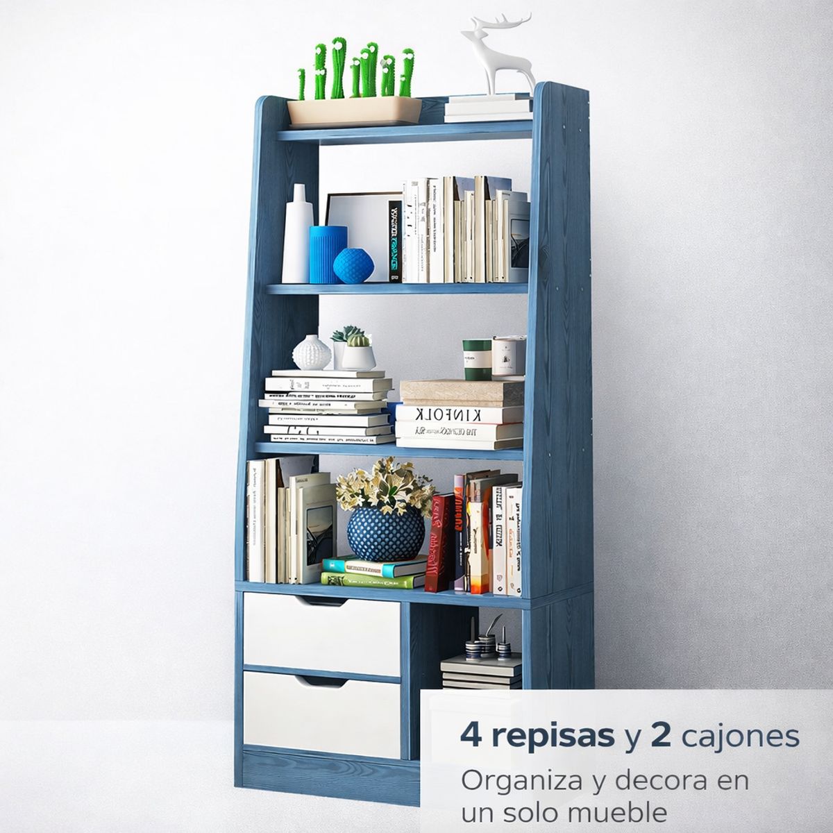 SPACE HOME - Librero Con Cajones  LBF01 Azul Blanco 140x63x30