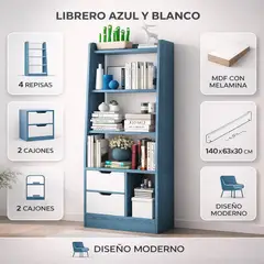 SPACE HOME - Estantería Librero Con 2 Cajones 4 Repisas Azul Blanco