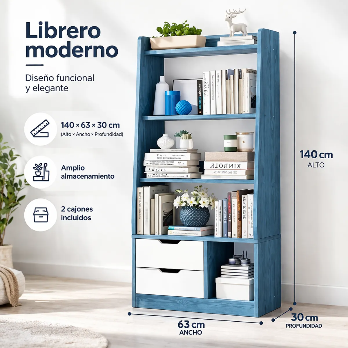 SPACE HOME - Librero Organizador Azul Blanco MDF Melamina 2 Cajones 140x63x30